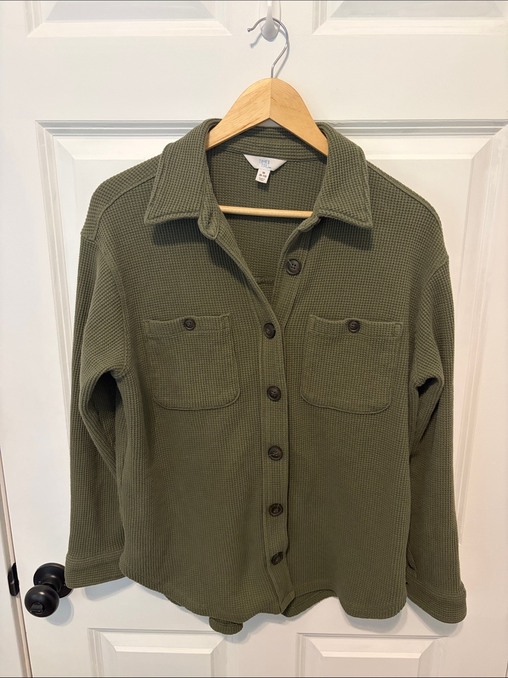 Time and Tru Olive Green Waffle-Knit Button Down Shirt